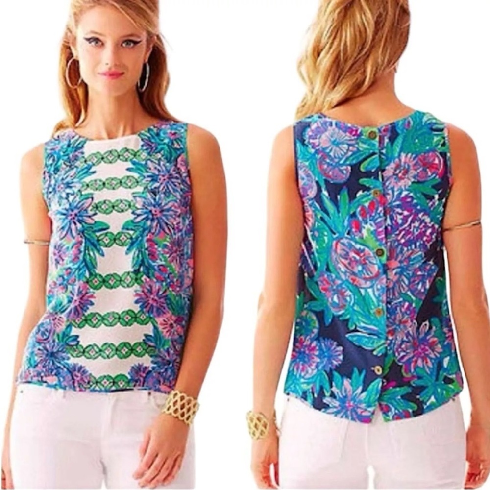 LILLY PULITZER Iona Silk Shell Resort Button Back Sleeveless Blouse Size Small
